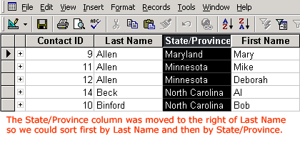 Column To Be Included in Sort Moved to New Position