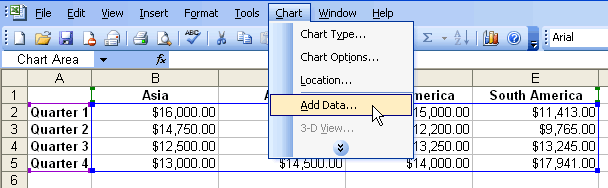 Chart and Add Data Menu Selections