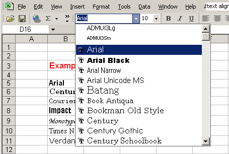 Arial Typeface Selection in Font List Box