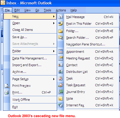 Outlook 2003's cascading new file menu