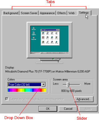 Display control panel with tabs, sliders and drop down box.