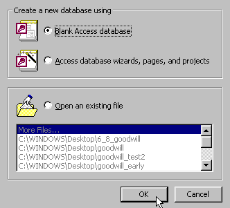 New Access database dialog box.