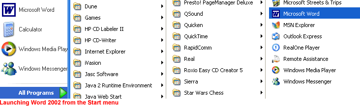 launching Word 2002 from the Start menu