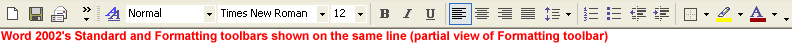 Word 2002's Standard and Formatting toolbars shown on the same line (partial view of Formatting toolbar