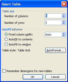 Insert Table Dialog Box