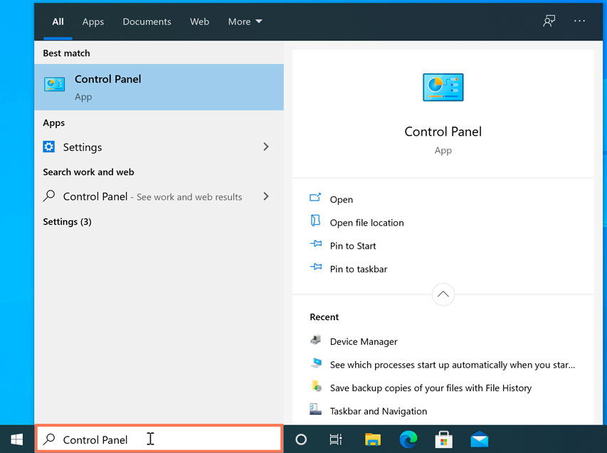 opening the Control Panel in Windows 10
