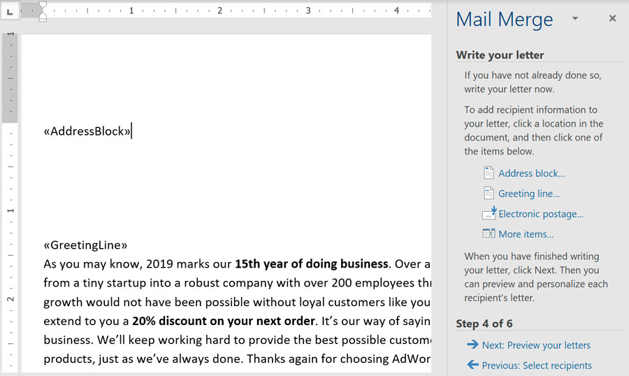 viewing mail merge in Microsoft Word