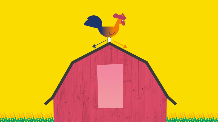 an illustration of a rooster on the roof of a barn with an egg at its peak