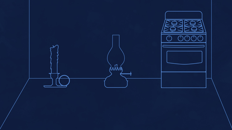 illustration of a dark room with a candle, an oil lamp, and a gas stove