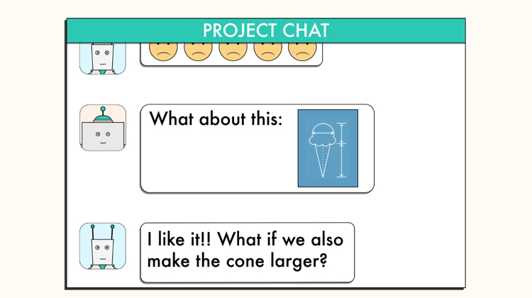 illustration of chat window where one robot is giving another robot feedback on his ice cream design