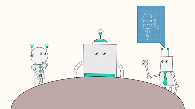 illustration of two robots listening to the ideas of another robot