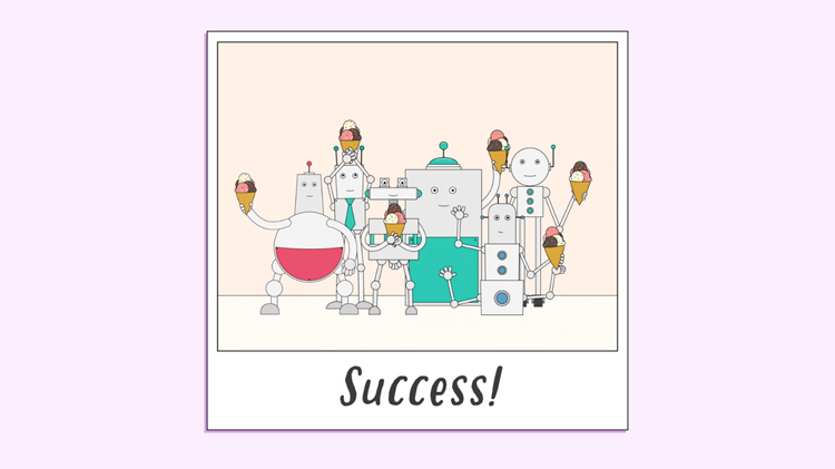 illustration of a photograph showing robots celebrating a successful collaboration