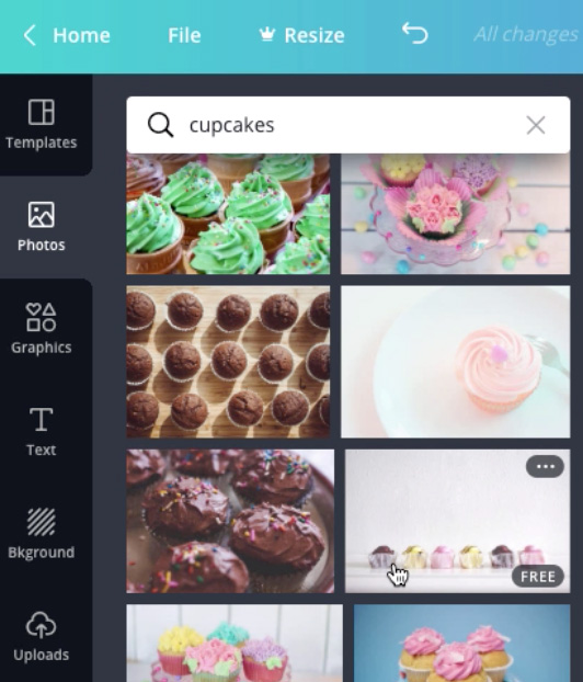 screenshot of "cupcakes" photo search results