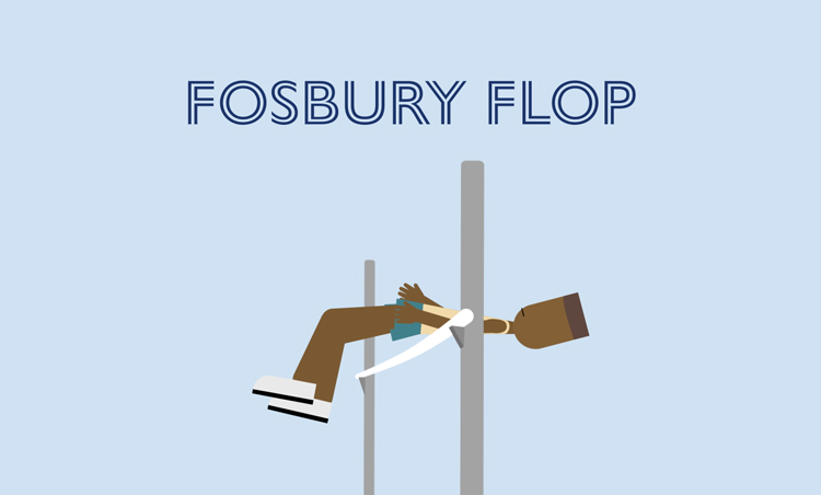 illustration of a man performing the high jump with the text "Fosbury Flop" above him