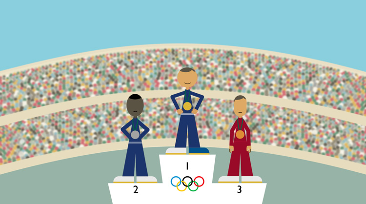 illustration of the three Olympic medalists in front of a large crowd