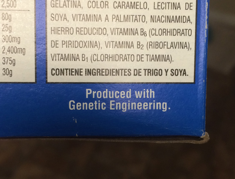 A food label that reads 'Produced with Genetic Engineering.'