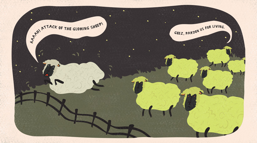 A sheep runs away from a herd of glow-in-the-dark sheep.