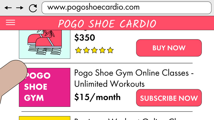illustration of a website selling pogo shoes and online gym classes