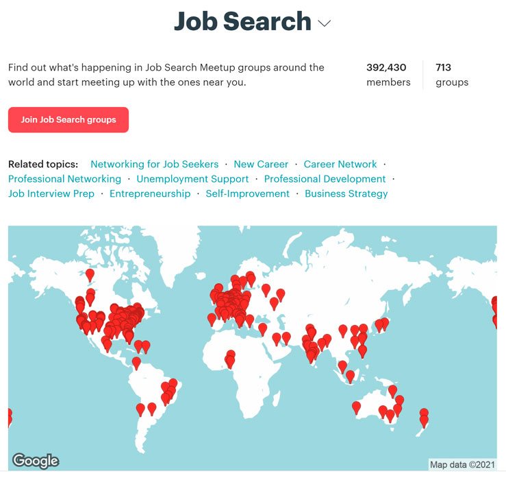 Meetup Job Search groups on a map