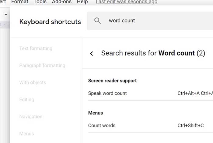 word count keyboard shortcut