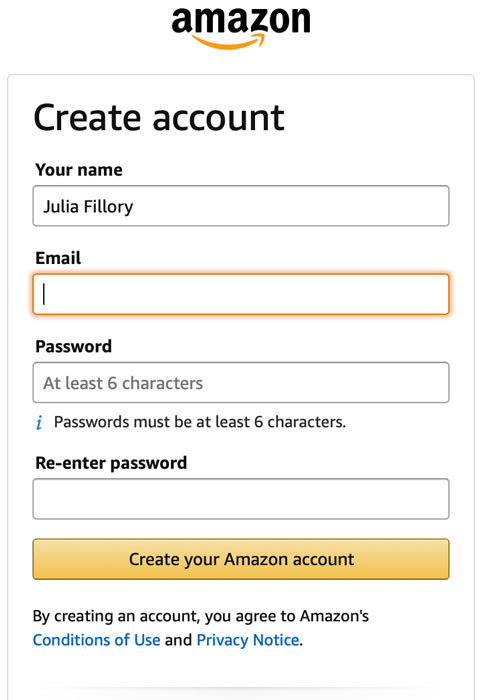 using the tab key to create an Amazon account in Safari