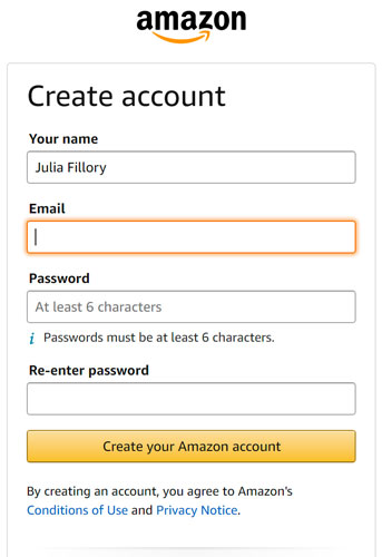 using the tab key to create an Amazon account