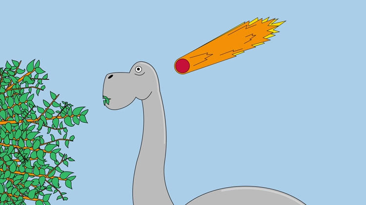 illustration of a dinosaur eating leaves while a meteor falls in the background