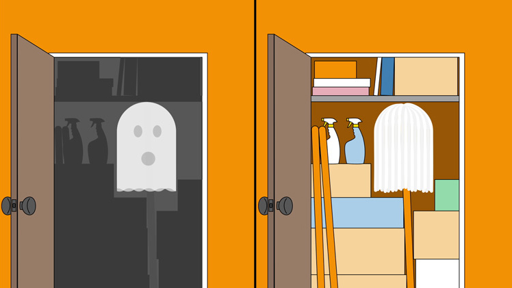 illustration of a splitscreen showing a ghost in a closet on the left, and that same closet with a mop in it on the right