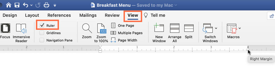 view tab, ruler checkbox, and margin adjustment