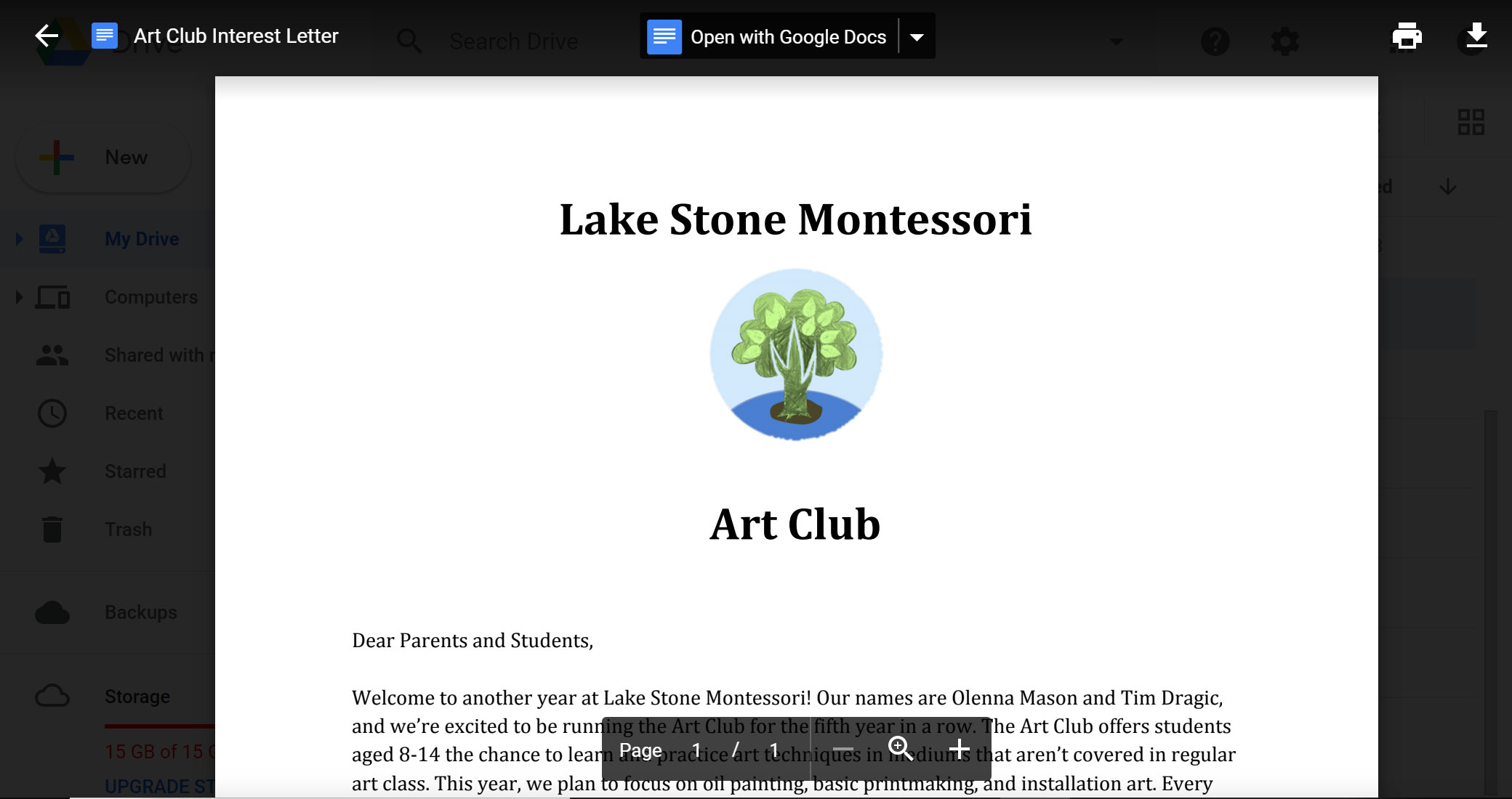 viewing preview of art club document