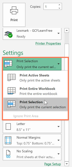 Print selection in Microsoft Excel Print Preview