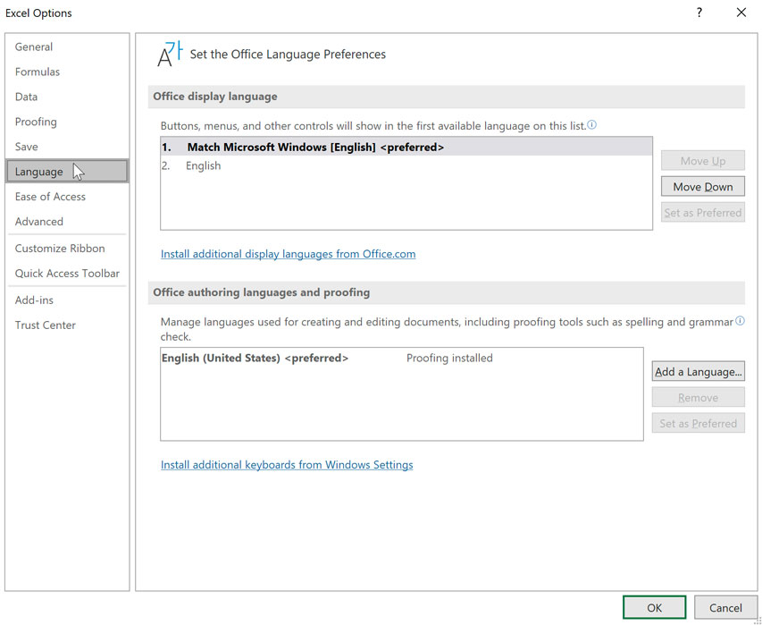 Excel options then Language preferences