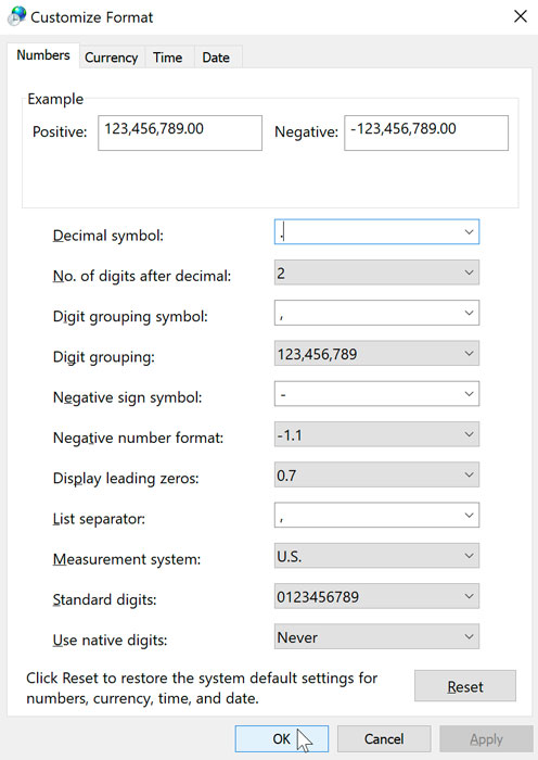 the customize format dialog box