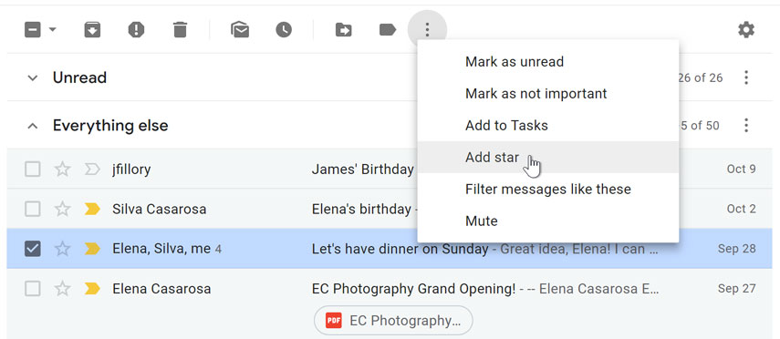 Select and star an email from the More Options drop-down menu