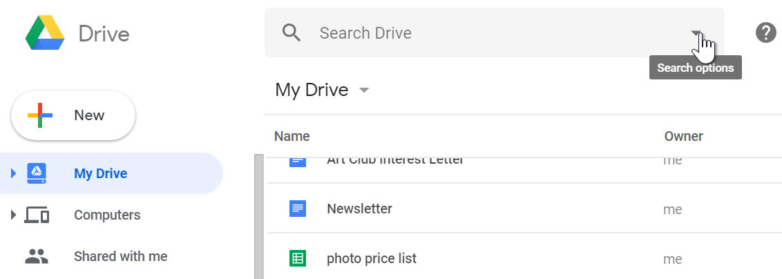 Google Drive search options. 
