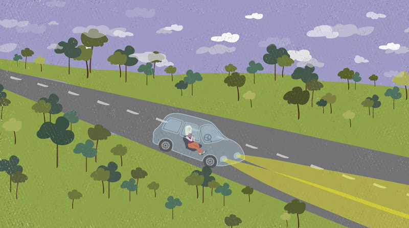 An illustration of a woman riding in a self-driving car.