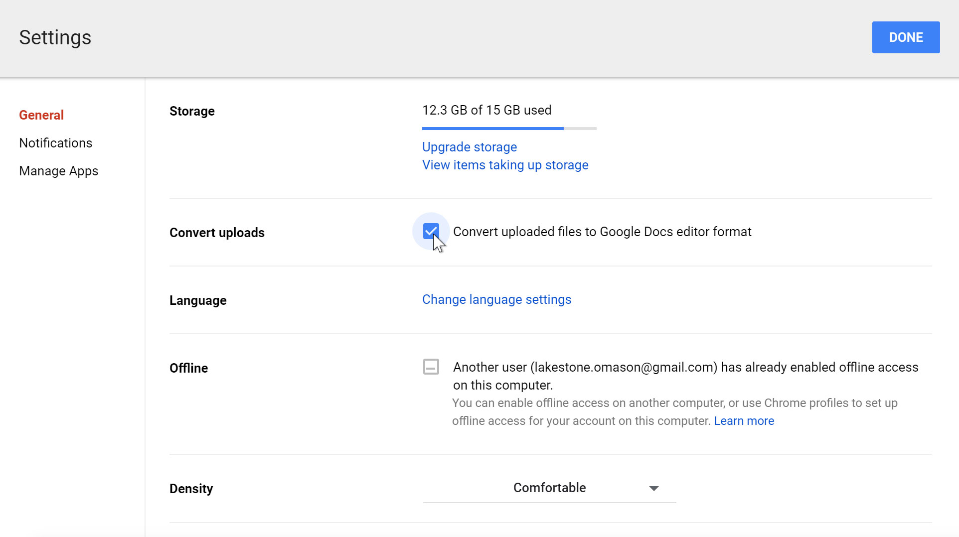Enabling convert uploaded files in Google Drive settings