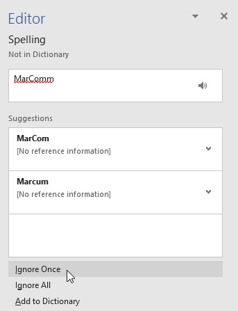 clicking the Ignore Once button to ignore spelling errors