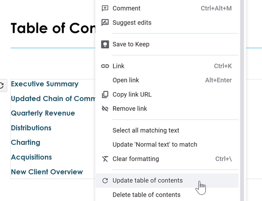 updating or deleting table of contents