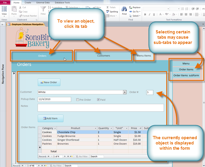 Viewing the orders form using a navigation form