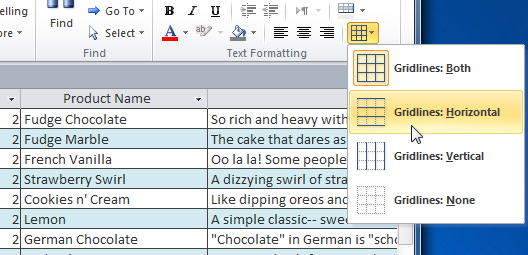 Selecting horizontal gridlines