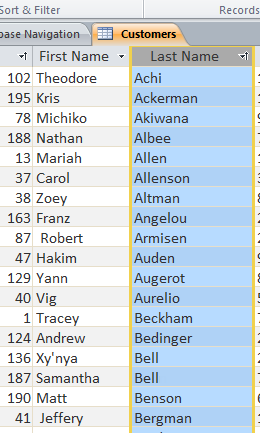 The same table, with an ascending sort applied to the Last Name field