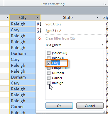 Setting the filter to only show records with "Cary" in the city field