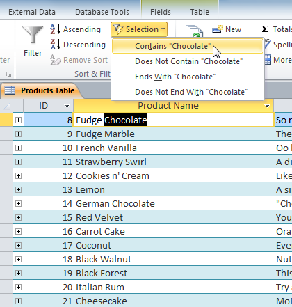 Setting the filter to show only records that contain the word "Chocolate"