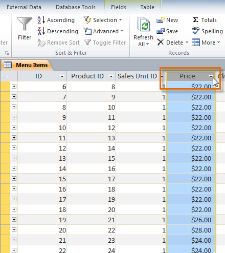 Selecting a field to filter by