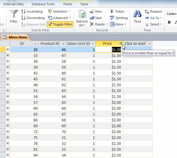 The filtered table, now showing only records for menu items costing $5 or less