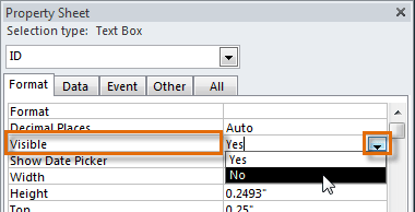 Selecting "No" from the drop-down list in the Visible option