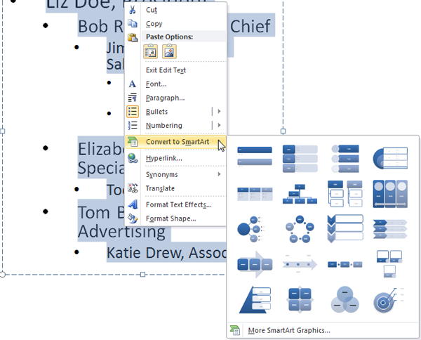 Converting text to SmartArt
