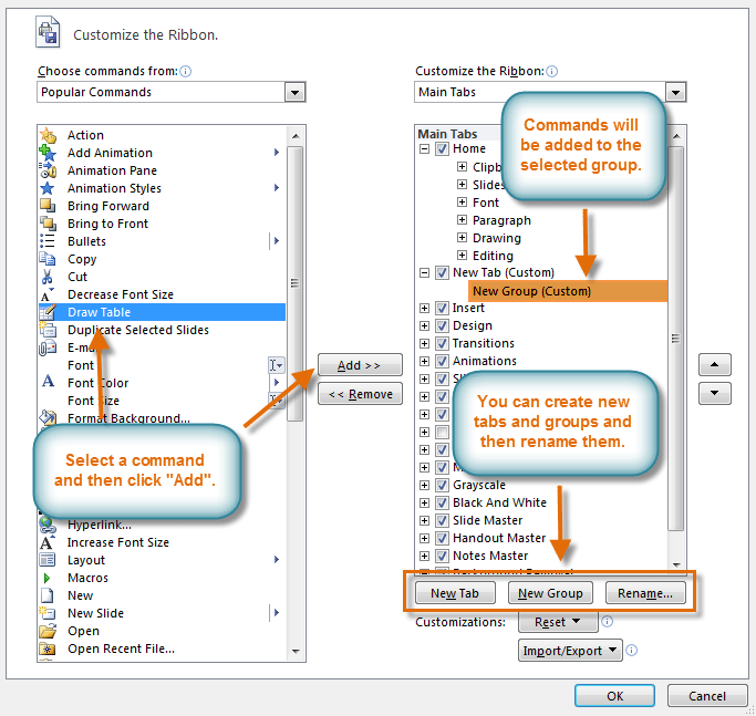 Customize Ribbon Dialog Box