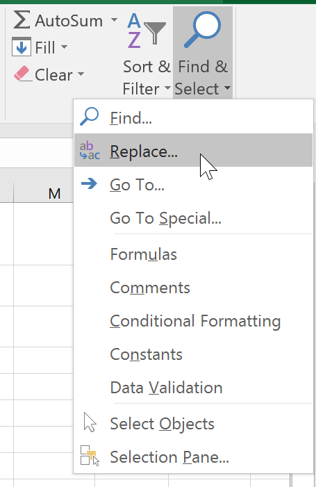 Selecting Replace from the drop-down menu